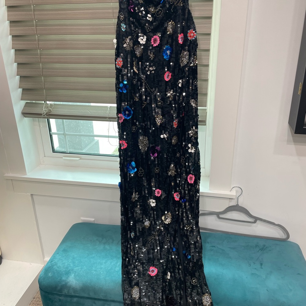 Mac Duggal Black Sequin Dress with Multicolor Floral Sequins